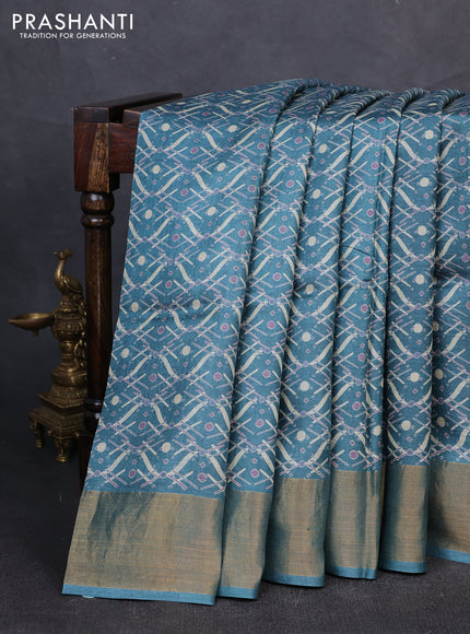 Pure tussar silk saree green shade with allover geometric prints and zari woven border