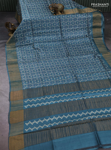 Pure tussar silk saree green shade with allover geometric prints and zari woven border