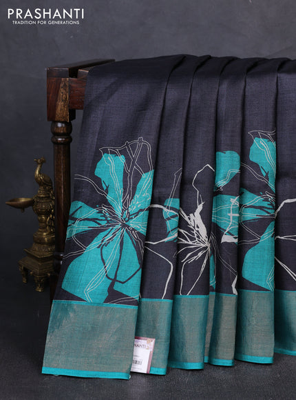Pure tussar silk saree black and teal green with prints and zari woven border