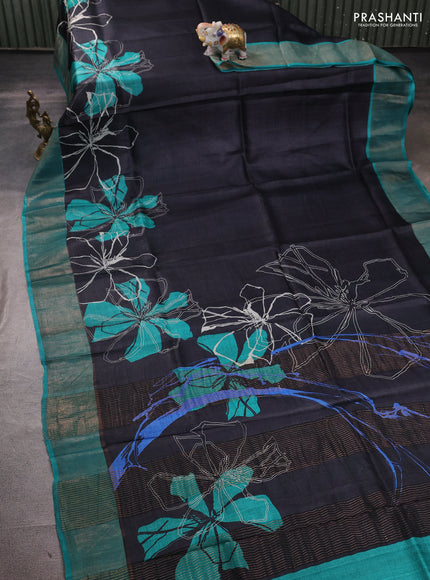 Pure tussar silk saree black and teal green with prints and zari woven border