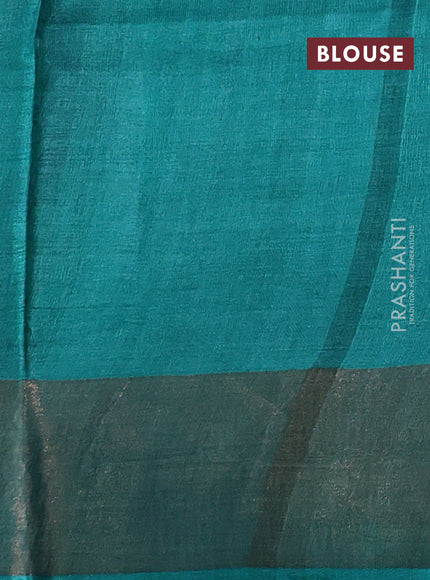Pure tussar silk saree black and teal green with prints and zari woven border