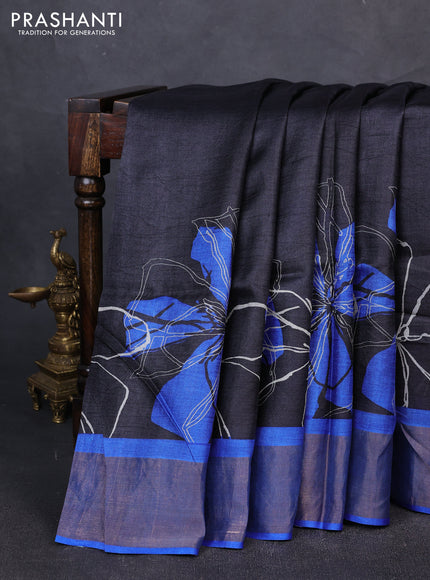 Pure tussar silk saree black and blue with prints and zari woven border