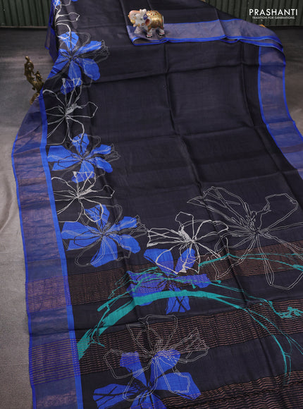 Pure tussar silk saree black and blue with prints and zari woven border