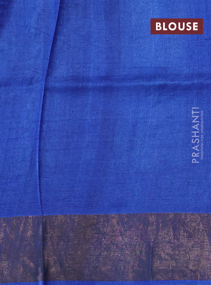 Pure tussar silk saree black and blue with prints and zari woven border