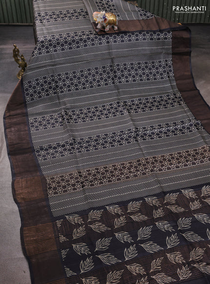 Pure tussar silk saree black with allover prints and zari woven border