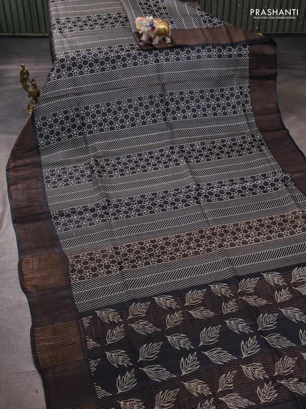 Pure tussar silk saree black with allover prints and zari woven border