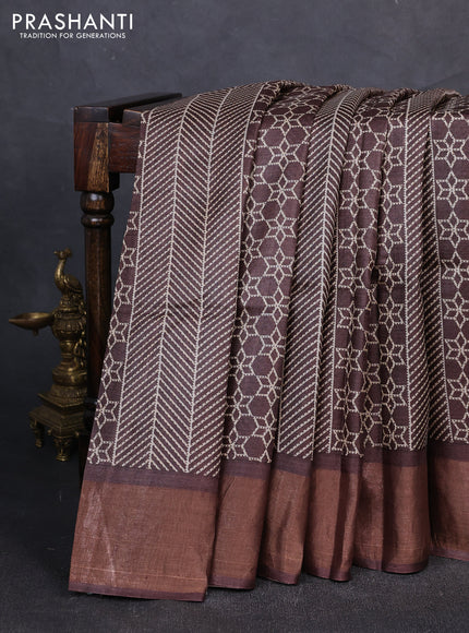 Pure tussar silk saree brown with allover prints and zari woven border