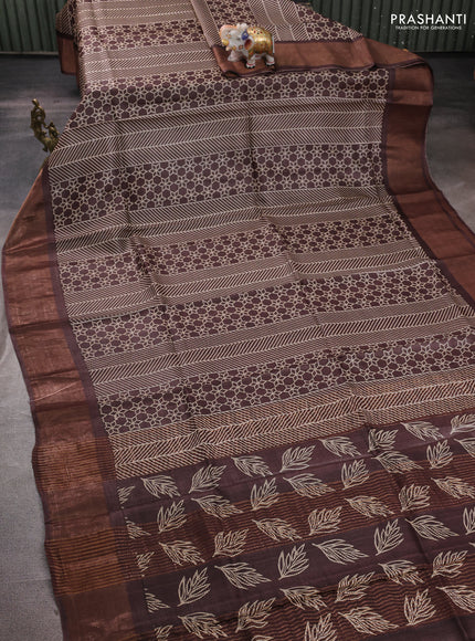 Pure tussar silk saree brown with allover prints and zari woven border