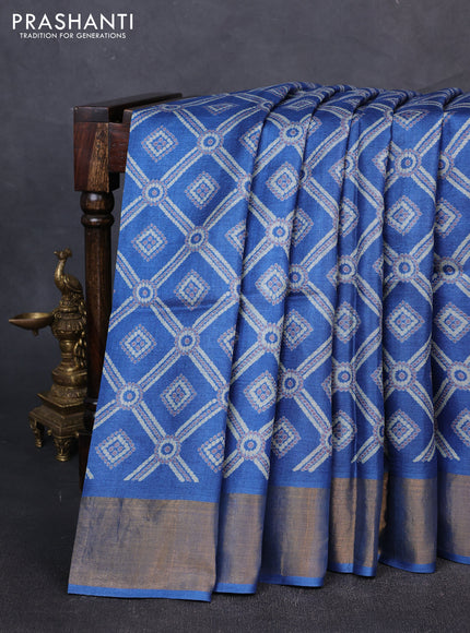 Pure tussar silk saree blue with allover bandhani prints and zari woven border