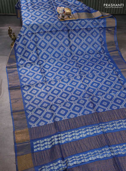 Pure tussar silk saree blue with allover bandhani prints and zari woven border