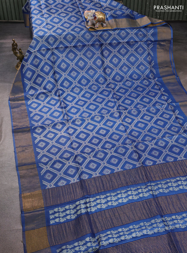 Pure tussar silk saree blue with allover bandhani prints and zari woven border