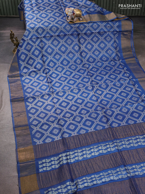 Pure tussar silk saree blue with allover bandhani prints and zari woven border