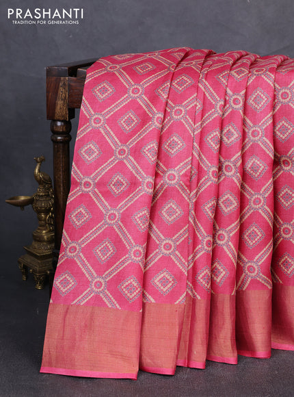 Pure tussar silk saree pink with allover bandhani prints and zari woven border