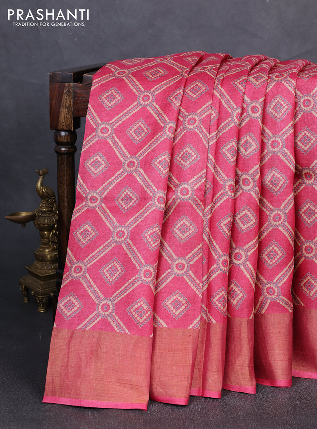 Pure tussar silk saree pink with allover bandhani prints and zari woven border
