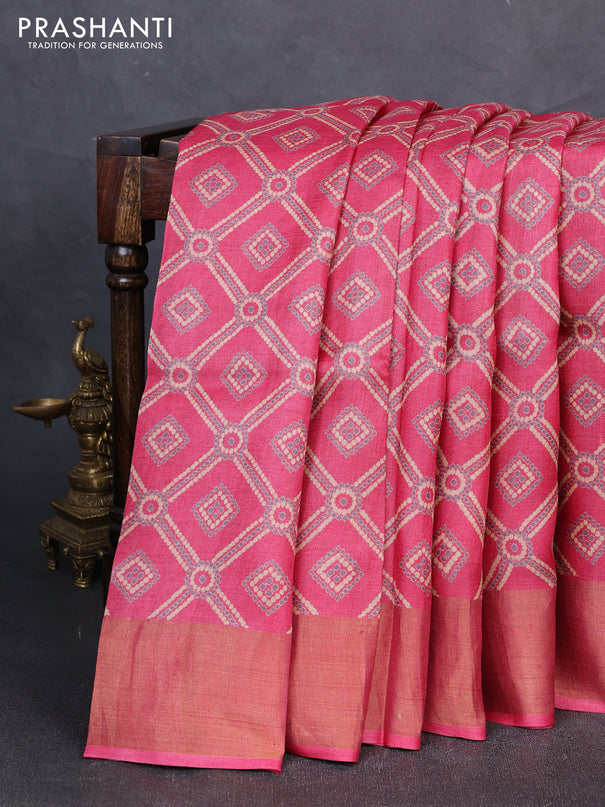 Pure tussar silk saree pink with allover bandhani prints and zari woven border