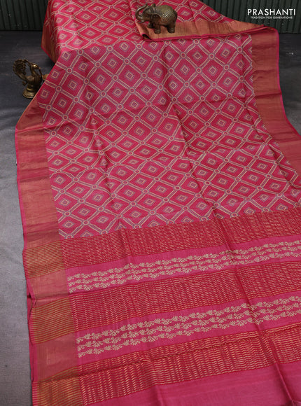 Pure tussar silk saree pink with allover bandhani prints and zari woven border
