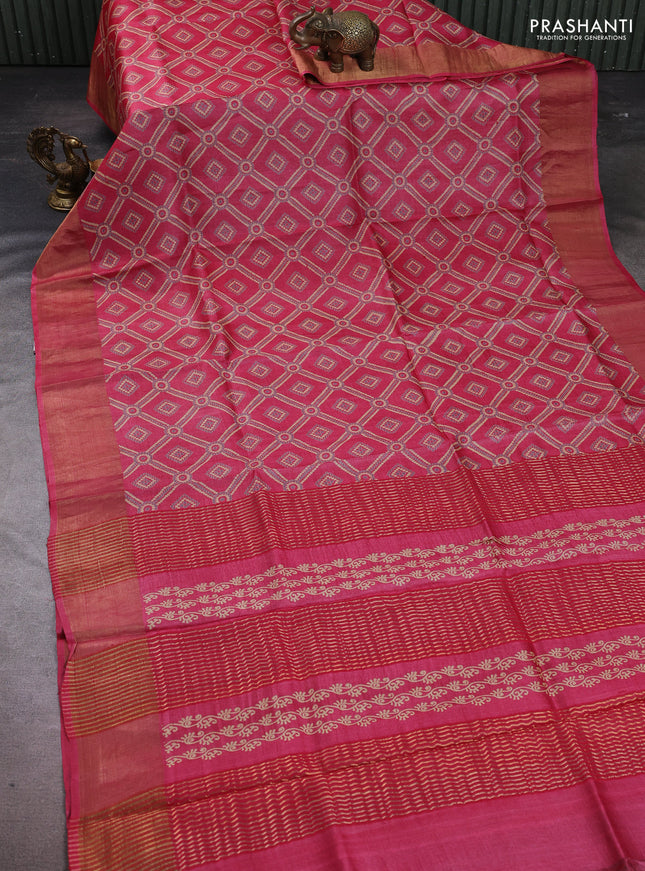 Pure tussar silk saree pink with allover bandhani prints and zari woven border