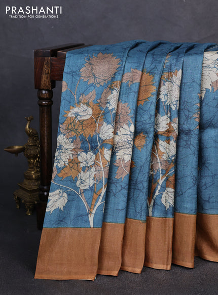 Pure tussar silk saree blue and dark sandal with floral prints and zari woven border