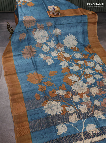 Pure tussar silk saree blue and dark sandal with floral prints and zari woven border