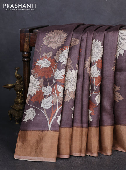 Pure tussar silk saree brown and pastel brown with floral prints and zari woven border
