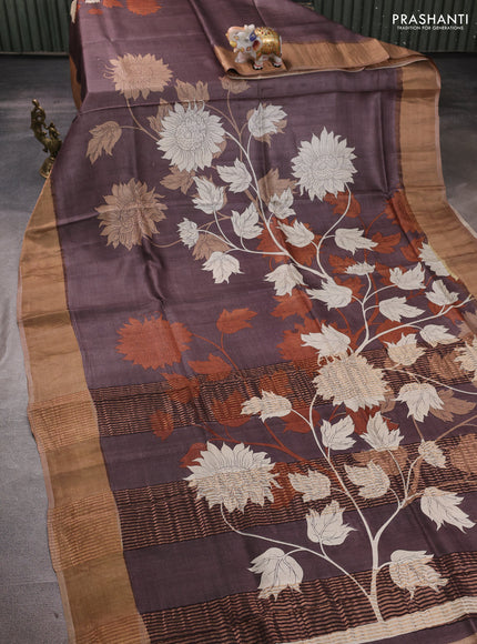 Pure tussar silk saree brown and pastel brown with floral prints and zari woven border
