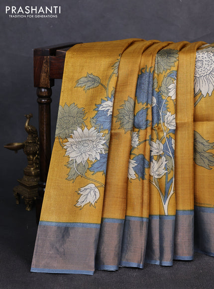Pure tussar silk saree dark mustard and grey with floral prints and zari woven border