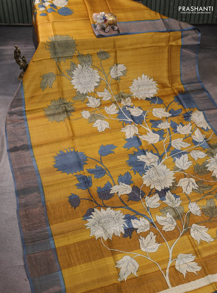 Pure tussar silk saree dark mustard and grey with floral prints and zari woven border