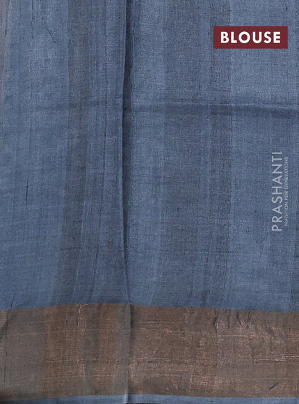 Pure tussar silk saree dark mustard and grey with floral prints and zari woven border