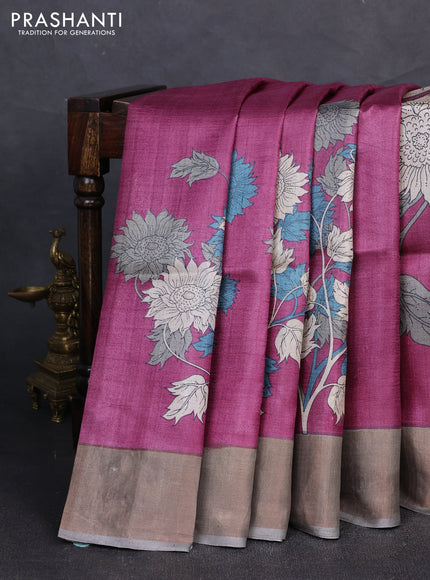 Pure tussar silk saree dark magenta pink and grey with floral prints and zari woven border