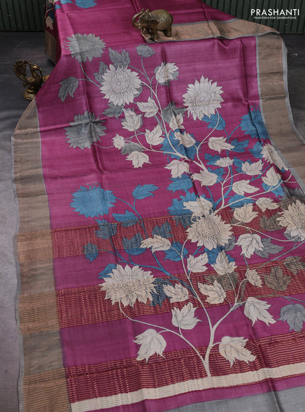 Pure tussar silk saree dark magenta pink and grey with floral prints and zari woven border