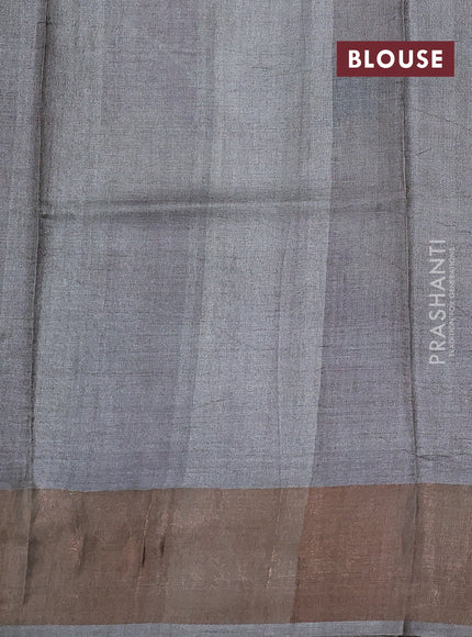 Pure tussar silk saree dark magenta pink and grey with floral prints and zari woven border