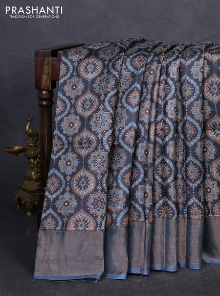 Pure tussar silk saree black and dark grey with allover ajrakh prints and zari woven border