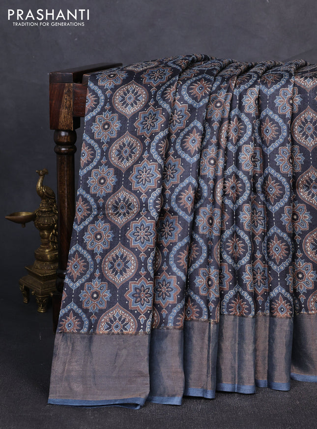 Pure tussar silk saree black and dark grey with allover ajrakh prints and zari woven border