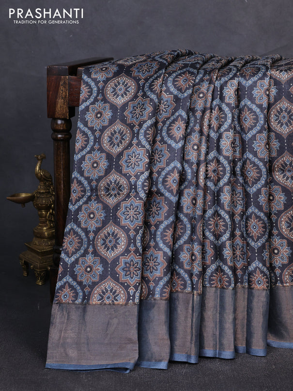 Pure tussar silk saree black and dark grey with allover ajrakh prints and zari woven border