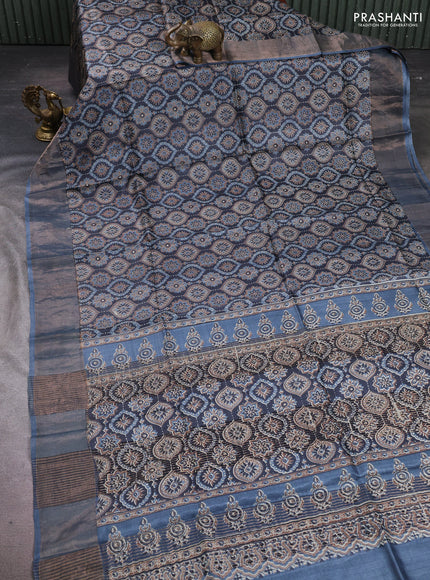 Pure tussar silk saree black and dark grey with allover ajrakh prints and zari woven border