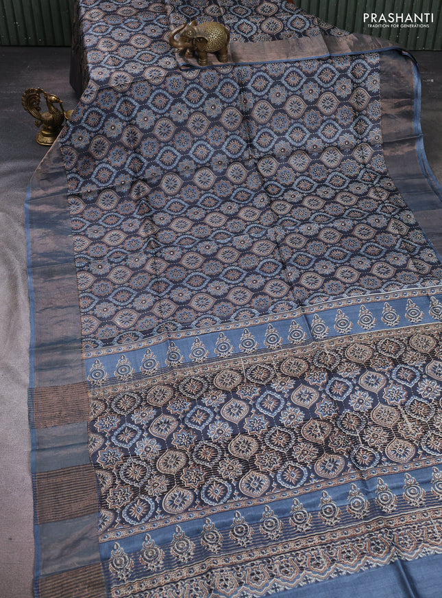 Pure tussar silk saree black and dark grey with allover ajrakh prints and zari woven border