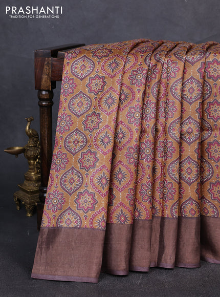 Pure tussar silk saree dark mustard and brown with allover ajrakh prints and zari woven border