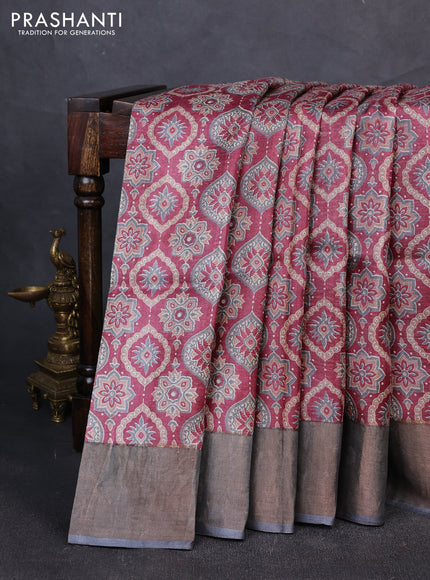 Pure tussar silk saree maroon and grey with allover ajrakh prints and zari woven border