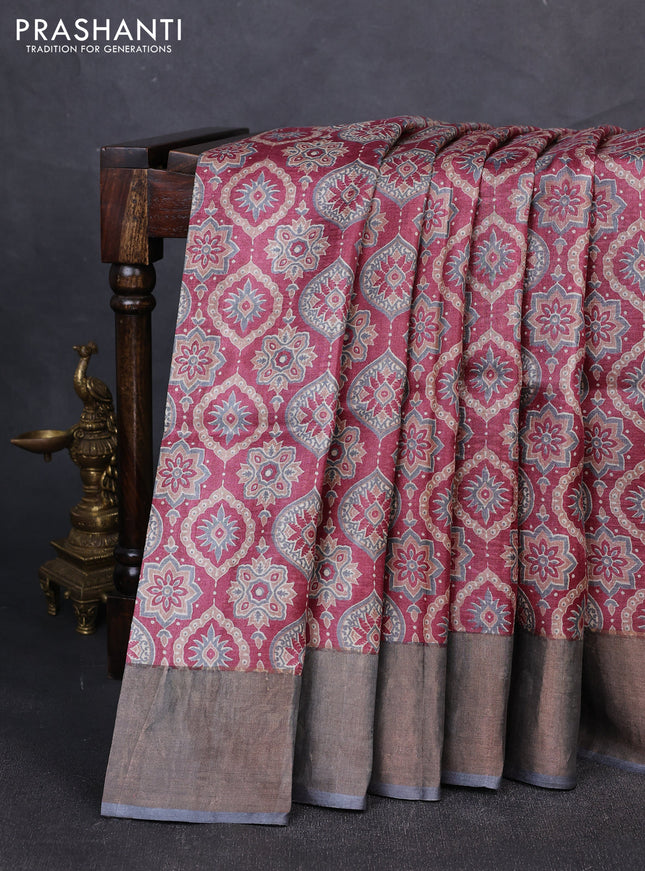 Pure tussar silk saree maroon and grey with allover ajrakh prints and zari woven border