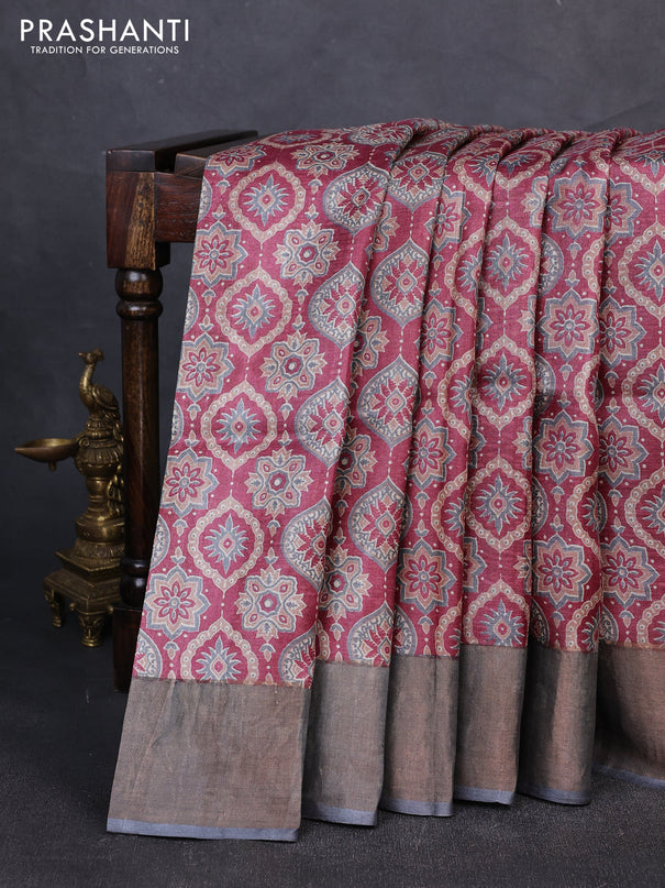 Pure tussar silk saree maroon and grey with allover ajrakh prints and zari woven border