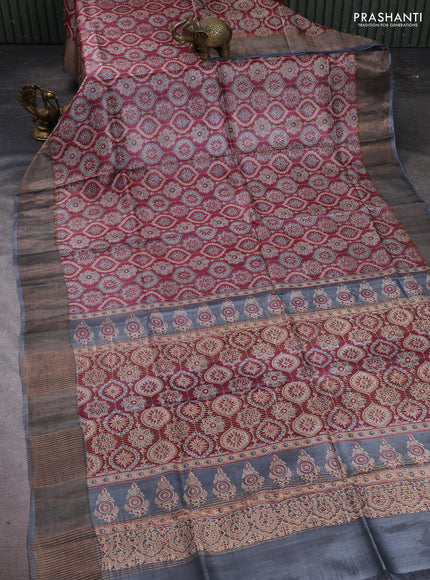 Pure tussar silk saree maroon and grey with allover ajrakh prints and zari woven border