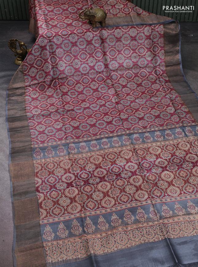 Pure tussar silk saree maroon and grey with allover ajrakh prints and zari woven border