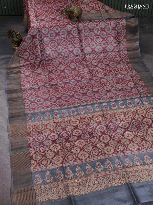 Pure tussar silk saree maroon and grey with allover ajrakh prints and zari woven border