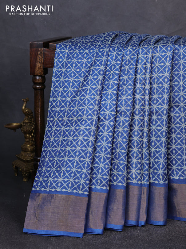 Pure tussar silk saree blue with allover prints and zari woven border
