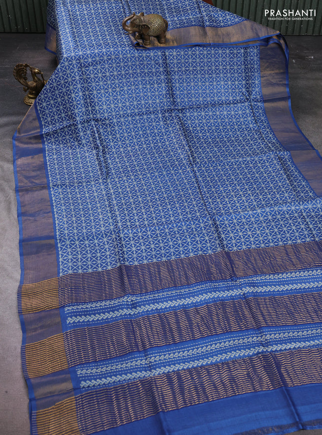 Pure tussar silk saree blue with allover prints and zari woven border