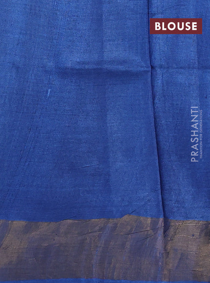 Pure tussar silk saree blue with allover prints and zari woven border