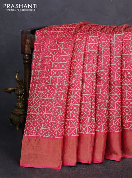 Pure tussar silk saree pink shade with allover prints and zari woven border