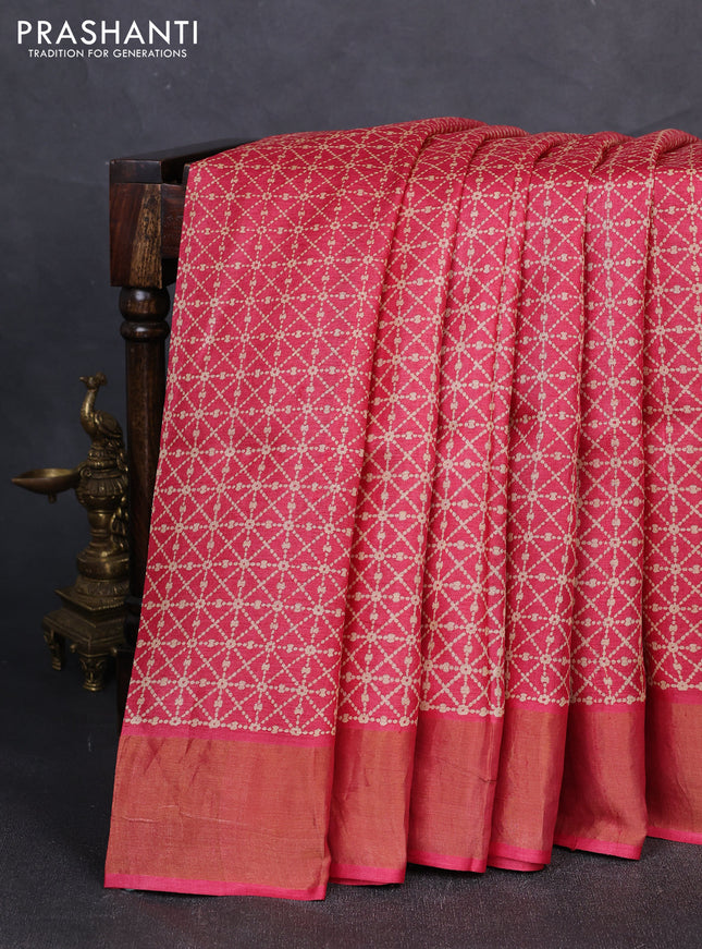 Pure tussar silk saree pink shade with allover prints and zari woven border