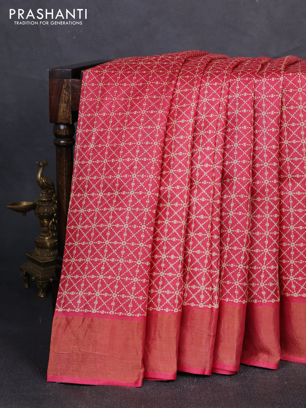 Pure tussar silk saree pink shade with allover prints and zari woven border
