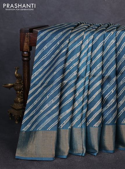 Pure tussar silk saree peacock blue with allover leheriya prints and zari woven border